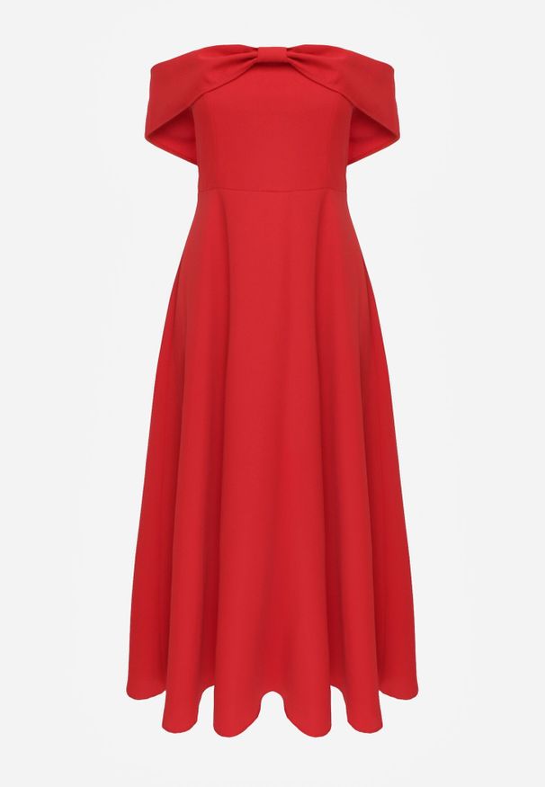 Born2be - Czerwona Koktajlowa Sukienka VICES Hiszpanka o Rozkloszowanym Kroju Diolora. Typ kołnierza: dekolt hiszpanka. Kolor: czerwony. Materiał: poliester. Typ sukienki: rozkloszowane. Styl: wizytowy