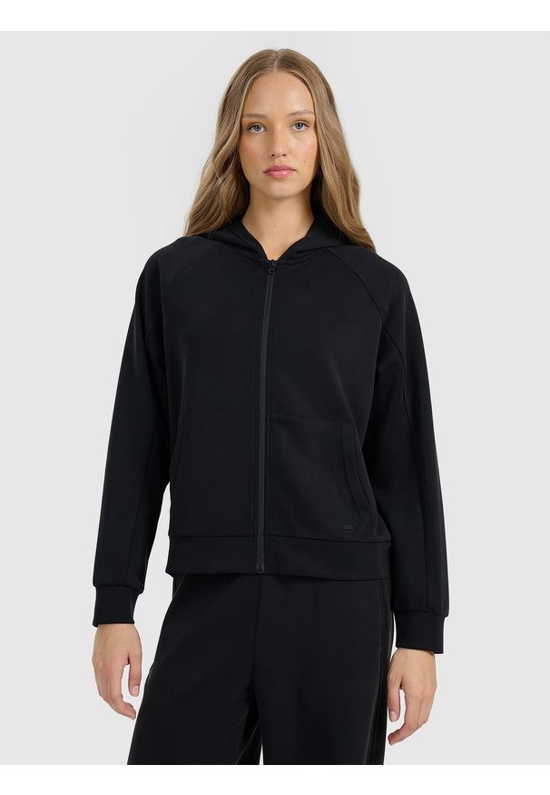 4f - 4F Bluza dresowa rozpinana z modalem damska - czarna XS. Okazja: na co dzień. Typ kołnierza: kaptur. Kolor: czarny. Materiał: dresówka. Styl: casual