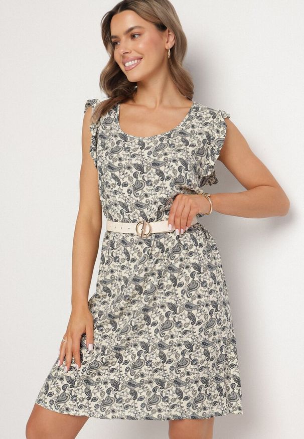 Born2be - Szara Rozkloszowana Sukienka Bawełniana bez Rękawów w Wzór Paisley Tullio. Okazja: na co dzień. Kolor: szary. Materiał: bawełna. Długość rękawa: bez rękawów. Wzór: paisley. Styl: casual, elegancki