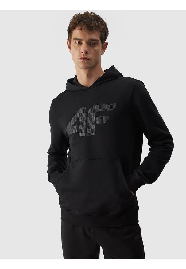 4f - 4F Bluza dresowa nierozpinana z kapturem męska - czarna 3XL. Okazja: na co dzień. Typ kołnierza: kaptur. Kolor: czarny. Materiał: dresówka. Wzór: gładki, ze splotem, nadruk. Styl: sportowy, casual