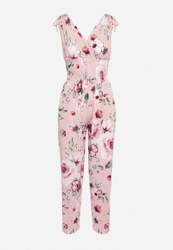 Born2be - Różowy Kombinezon w Kwiaty Wykończony Troczkami z Gumką w Talii Jalivia. Okazja: na co dzień. Kolor: różowy. Długość rękawa: na ramiączkach. Wzór: kwiaty. Sezon: wiosna, lato. Styl: elegancki, casual