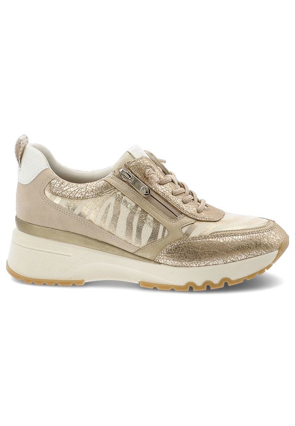 Złote Sneakersy Marco Tozzi Modne Obuwie Damskie. Okazja: na co dzień. Zapięcie: zamek. Kolor: złoty. Szerokość cholewki: normalna. Obcas: na platformie. Styl: sportowy, casual, elegancki