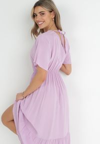 Born2be - Fioletowa Rozkloszowana Sukienka Maxi z Gumką i Sznurkiem w Talii z Wiskozy Baneta. Okazja: na co dzień. Kolor: fioletowy. Materiał: wiskoza. Typ sukienki: proste. Styl: casual. Długość: maxi #4