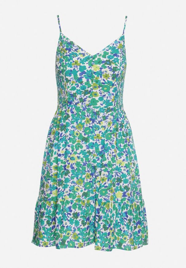 Born2be - Zielona Wiskozowa Sukienka na Regulowanych Ramiączkach z Marszczoną Górą i Guzikami Dimanta. Kolor: zielony. Materiał: wiskoza. Długość rękawa: na ramiączkach. Sezon: lato. Styl: elegancki