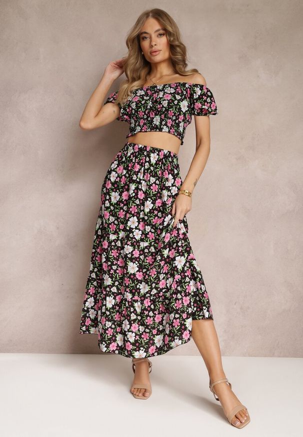 Renee - Czarny Bawełniany Komplet 2-częściowy w Kwiaty Malenis. Kolor: czarny. Materiał: bawełna. Wzór: kwiaty