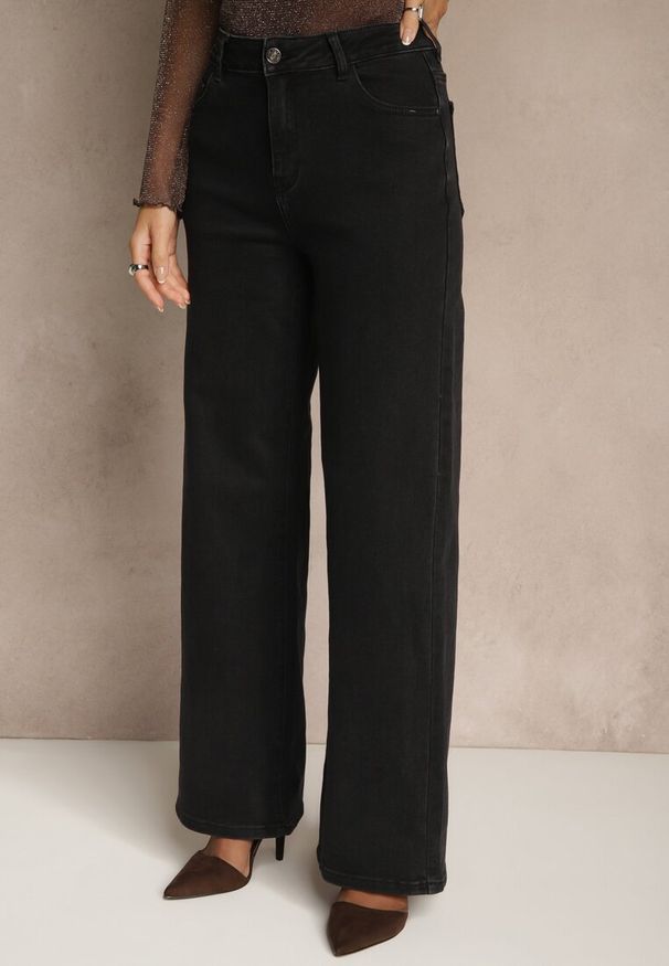 Renee - Czarne Szerokie Jeansy Regular Waist Isovena. Kolor: czarny. Wzór: aplikacja. Styl: elegancki