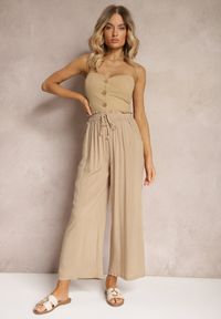 Renee - Beżowe Spodnie Palazzo High Waist z Bawełny Wykończone Gumką w Talii Nellsea. Okazja: na co dzień. Stan: podwyższony. Kolor: beżowy. Materiał: bawełna. Styl: casual, elegancki