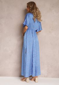 Renee - Niebieska Rozkloszowana Sukienka Maxi w Kropki z Głębokim Dekoltem Sallo. Kolor: niebieski. Wzór: kropki. Długość: maxi #3