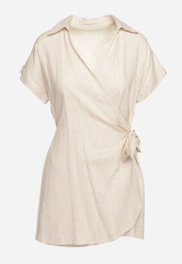 Born2be - Jasnobeżowa Kopertowa Sukienka Kombinezon Letnia Mini z Bawełny i Lnu Liorra. Kolor: beżowy. Materiał: len, bawełna. Długość rękawa: krótki rękaw. Długość: krótkie. Sezon: lato