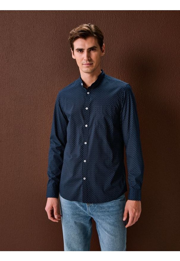 Sinsay - Koszula z długim rękawem we wzory - granatowy. Kolor: niebieski. Długość rękawa: długi rękaw. Długość: długie