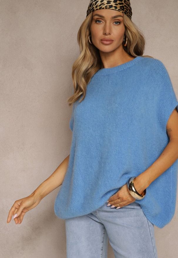 Renee - Niebieski Sweter z Bawełną w Stylu Nietoperza Nilariella. Okazja: na co dzień, do pracy. Kolor: niebieski. Materiał: bawełna. Styl: elegancki, casual