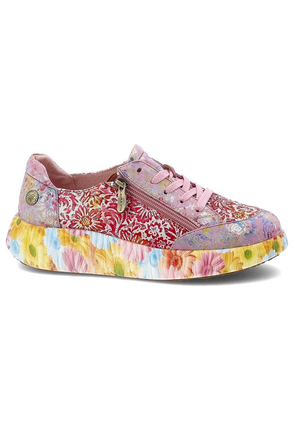 Sneakersy damskie Laura Vita, podwyższona podeszwa z wielokolorowym wzorem na obwodzie oraz perforowane panele na cholewce, różowe, 57 SL26803-57B. Okazja: na co dzień, na spacer, do pracy. Zapięcie: zamek. Kolor: różowy. Szerokość cholewki: normalna. Wzór: kolorowy, aplikacja, kwiaty. Sezon: lato, wiosna. Styl: elegancki, casual