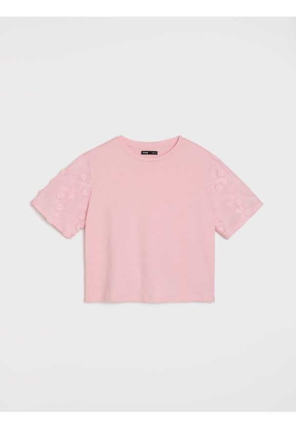 Sinsay - Bawełniana bluzka z haftem - różowy. Kolor: różowy. Materiał: bawełna. Wzór: haft