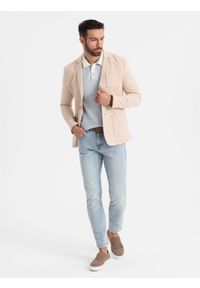 Ombre Clothing - Męska marynarka SLIM z dzianiny o subtelnej strukturze – beżowa V5 - Rozmiar: L. Okazja: do pracy. Kolor: beżowy. Materiał: dzianina. Wzór: kolorowy. Styl: klasyczny