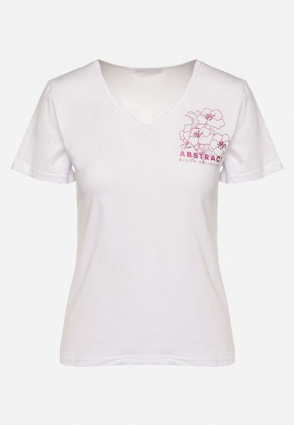 Born2be - Biały T-shirt Koszulka z Trójkątnym Dekoltem z Bawełny Ozdobiona Nadrukiem Elanoa. Okazja: na co dzień. Kolor: biały. Materiał: bawełna. Wzór: aplikacja, nadruk. Styl: elegancki, casual