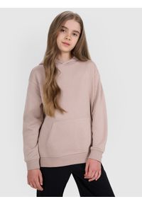 4f - 4F Bluza dresowa nierozpinana z kapturem dziewczęca - beżowa 128 (7-8 lat). Okazja: na co dzień. Typ kołnierza: kaptur. Kolor: beżowy. Materiał: dresówka. Wzór: gładki, ze splotem. Sezon: lato. Styl: casual, sportowy #1