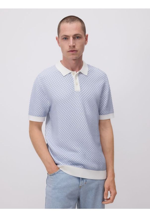 Reserved - Sweter polo ze strukturalnej dzianiny - jasnoniebieski. Typ kołnierza: polo. Kolor: niebieski. Materiał: dzianina