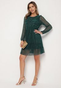 Born2be - Ciemnozielona Sukienka z Wiskozy Ozdobiona Metaliczną Nicią Meliorea. Kolor: zielony. Materiał: wiskoza. Wzór: aplikacja. Styl: klasyczny, elegancki #7
