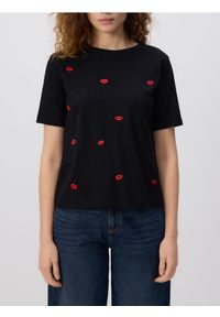 Reserved - T-shirt z haftem - czarny. Kolor: czarny. Materiał: dzianina, bawełna. Wzór: haft #1