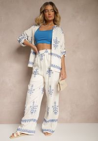 Renee - Biały Wiskozowy Komplet Boho Koszula i Spodnie z Haftowanym Zdobieniem Helhiris. Kolor: biały. Materiał: wiskoza. Wzór: aplikacja, haft