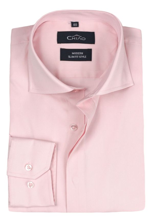 Chiao - Stylowa Koszula Męska - 100% BAWEŁNA - Slim Fit, Kryta Plisa, Różowa. Okazja: na spotkanie biznesowe, do pracy. Kolor: różowy. Materiał: bawełna. Długość rękawa: długi rękaw. Długość: długie. Wzór: aplikacja. Styl: elegancki