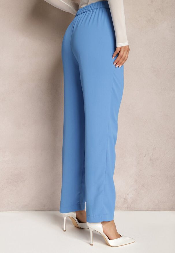 Renee - Niebieskie Spodnie High Waist z Gumką w Talii i Prostymi Nogawkami Brenissa. Okazja: na co dzień. Stan: podwyższony. Kolor: niebieski. Styl: elegancki, casual
