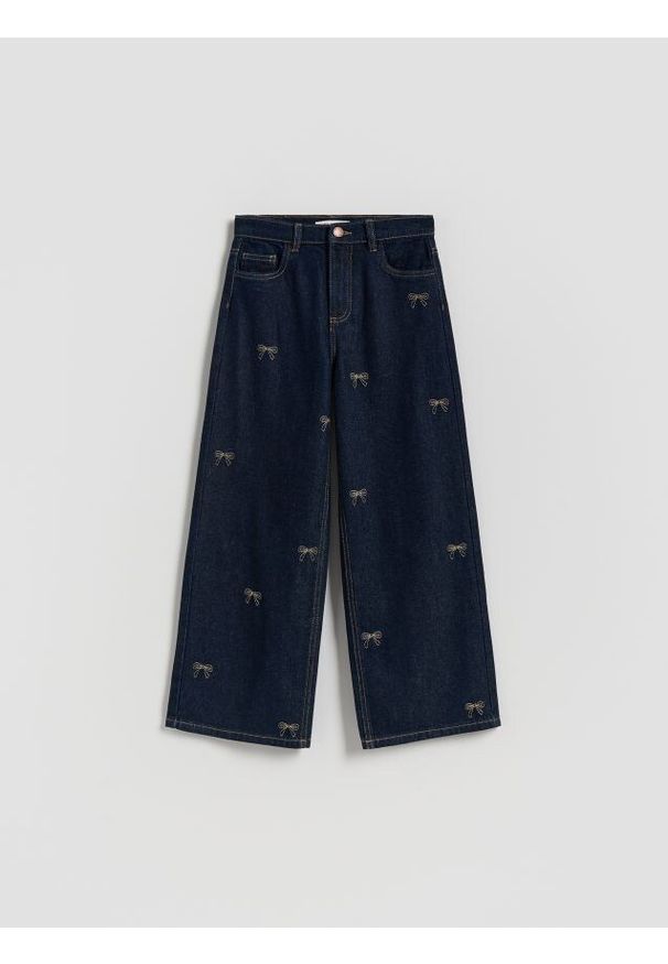 Reserved - Jeansy super wide leg z haftem - granatowy. Kolor: niebieski. Wzór: haft