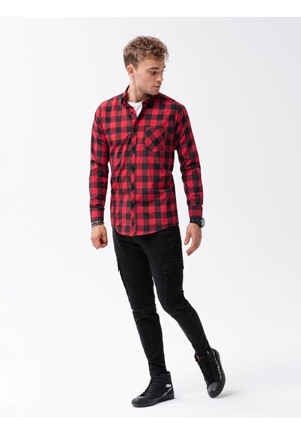 Ombre Clothing - Koszula męska w kratę z długim rękawem K282 - czerwono-czarna - XXL. Okazja: na co dzień. Kolor: czerwony. Materiał: bawełna, poliester. Długość rękawa: długi rękaw. Długość: długie. Wzór: aplikacja. Styl: casual