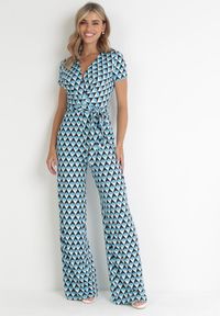Born2be - Niebieski Kombinezon z Kopertowym Dekoltem i Szerokimi Nogawkami Aryona. Kolor: niebieski. Materiał: materiał. Długość rękawa: krótki rękaw. Długość: krótkie #4