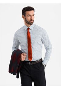 Ombre Clothing - Męska koszula w drobny wzór SLIM FIT - biała V2 - Rozmiar: M. Kolor: biały. Materiał: bawełna. Styl: klasyczny