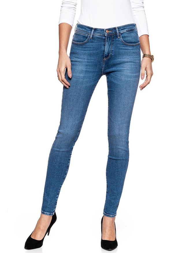 Wrangler - WRANGLER HIGH RISE SKINNY PIXI BLUE W27HFS17R. Stan: podwyższony. Kolor: niebieski