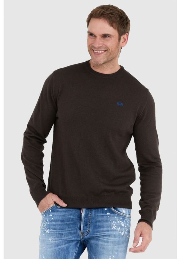 La Martina - LA MARTINA Brązowy sweter męski z wełną. Kolor: brązowy. Materiał: wełna