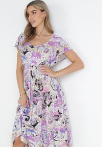 Born2be - Fioletowa Wiskozowa Sukienka Midi z Gumką w Pasie i Falbankami Yele. Typ kołnierza: kołnierz z falbankami. Kolor: fioletowy. Materiał: wiskoza. Długość rękawa: krótki rękaw. Wzór: aplikacja. Sezon: wiosna, lato. Długość: midi #2