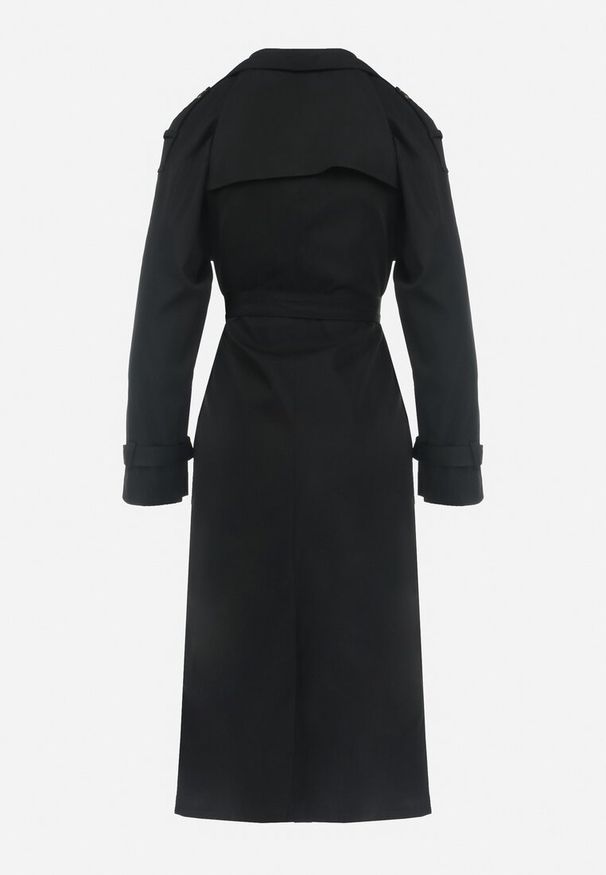 Born2be - Czarny Długi Płaszcz Trencz Dwurzędowy z Paskiem w Talii Cadenite. Typ kołnierza: kolnierz wykładany. Kolor: czarny. Długość: długie