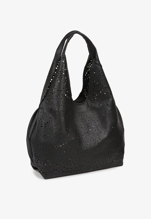 Born2be - Czarna Ażurowa Torebka Hobo z Dodatkową Saszetką Frosira. Kolor: czarny. Wzór: ażurowy. Materiał: zdobione. Styl: klasyczny, elegancki, casual