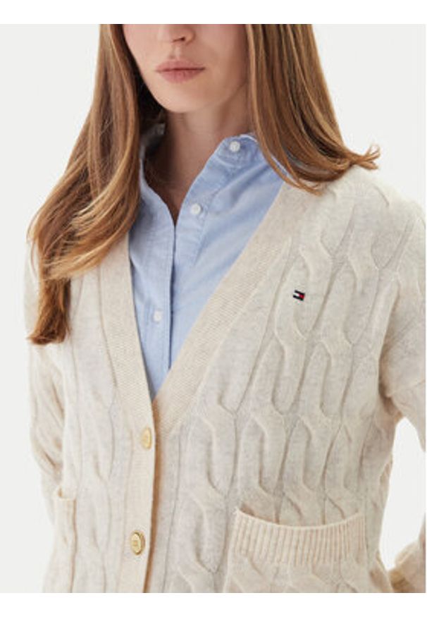 TOMMY HILFIGER - Tommy Hilfiger Kardigan WW0WW43089 Beżowy Regular Fit. Kolor: beżowy. Materiał: wełna