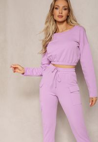 Renee - Fioletowy Komplet Dresowy Bluza Cropped i Spodnie z Kieszeniami Cargo Xerlesa. Kolor: fioletowy. Materiał: dresówka #2