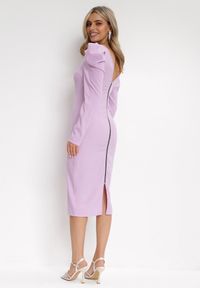 Born2be - Fioletowa Sukienka Taliowana z Bufiastym Rękawem Liliowa Omono. Kolor: fioletowy. Długość: midi #5