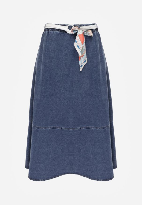 Renee - Granatowa Bawełniana Spódnica Jeansowa o Rozkloszowanym Kroju z Ozdobnym Paskiem Eatiane. Okazja: na co dzień. Kolor: niebieski. Materiał: jeans, bawełna. Styl: casual, klasyczny