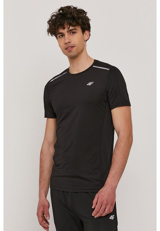 4f - 4F - T-shirt. Okazja: na co dzień. Kolor: czarny. Materiał: włókno, dzianina. Wzór: aplikacja. Styl: casual