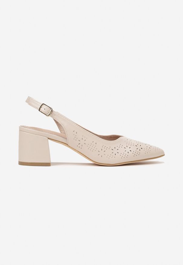 Renee - Beżowe Sandały Vices na Słupku Slingback z Ażurową Cholewką i Skórzaną Wkładką Tiranis. Okazja: na co dzień. Zapięcie: sprzączka. Kolor: beżowy. Materiał: skóra. Wzór: ażurowy. Sezon: lato. Obcas: na słupku. Styl: klasyczny, casual