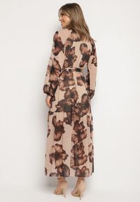 Born2be - Ciemnobeżowa Pudełkowa Sukienka w Kwiaty z Paskiem Nifle. Okazja: na co dzień. Kolor: beżowy. Materiał: skóra. Wzór: kwiaty. Styl: casual, elegancki #3