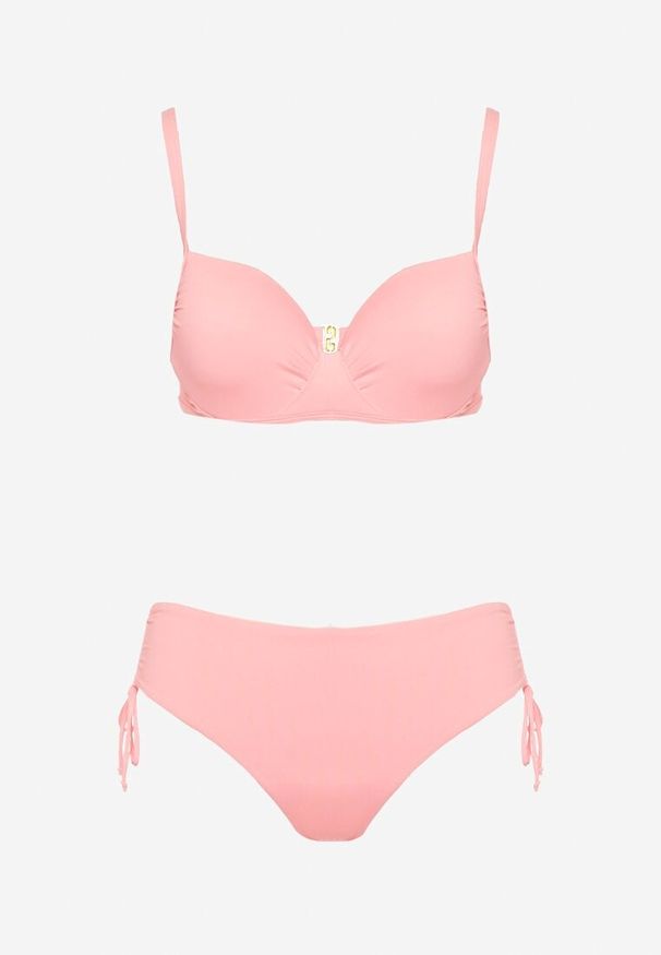 Renee - Różowe Bikini Biustonosz z Usztywnianymi Miseczkami Majtki Figi Ozdobione Troczkami Tamarie. Kolor: różowy. Wzór: aplikacja