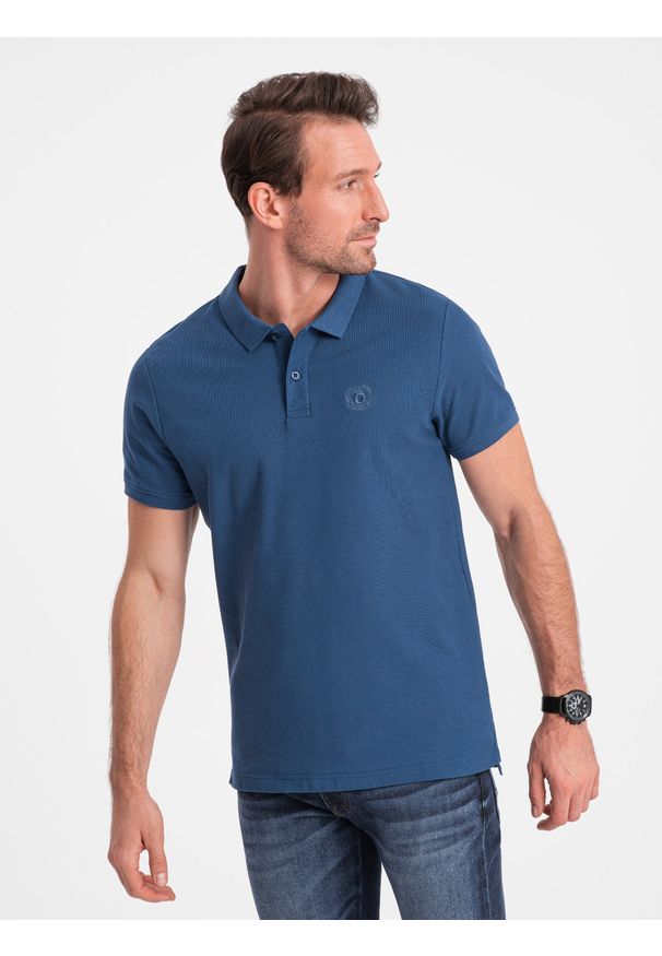 Ombre Clothing - Koszulka męska polo z dzianiny pique - ciemnoniebieski V13 - Rozmiar: S. Typ kołnierza: polo. Kolor: niebieski. Materiał: dzianina. Wzór: haft. Styl: klasyczny