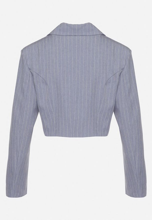 Born2be - Niebieska Marynarka Dwurzędowa o Krótkim Kroju w Delikatne Paski Redarisa. Okazja: na co dzień. Kolor: niebieski. Materiał: jeans. Długość: krótkie. Wzór: paski. Styl: elegancki, casual