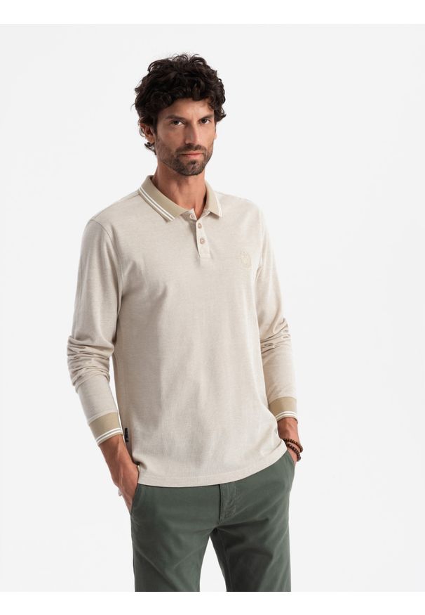 Ombre Clothing - Melanżowy męski polo longsleeve z haftem – piaskowy melanż V4. Okazja: na co dzień. Typ kołnierza: polo. Materiał: bawełna, dzianina. Długość rękawa: długi rękaw. Długość: długie. Wzór: melanż, haft. Styl: klasyczny, sportowy, casual