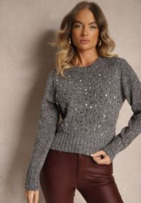 Renee - Ciemnoszary Casualowy Sweter z Bawełną i Cekinami Savintha. Okazja: na co dzień. Kolor: szary. Materiał: bawełna. Wzór: aplikacja. Styl: casual #4