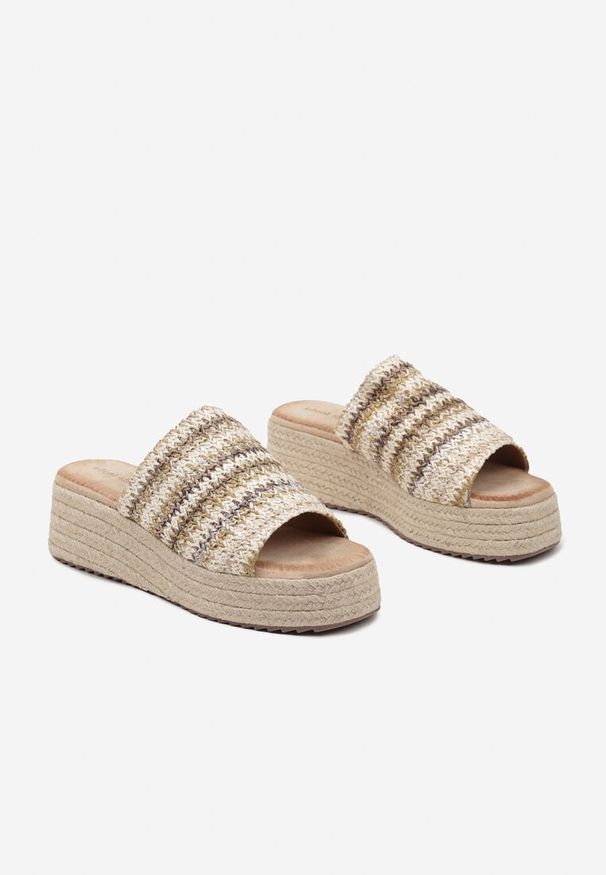 Renee - Ciemnobeżowe Plecione Klapki na Koturnie Celiora. Okazja: na co dzień. Kolor: beżowy. Materiał: len, jeans. Wzór: aplikacja. Obcas: na koturnie. Styl: elegancki, casual