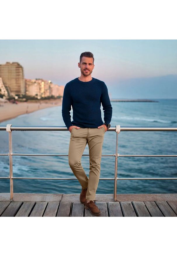 Bawełniane Spodnie Chinos, Regular - Pako Jeans - Beżowe. Okazja: na spotkanie biznesowe, do pracy. Kolor: brązowy, wielokolorowy, beżowy. Materiał: elastan, bawełna. Styl: biznesowy, klasyczny