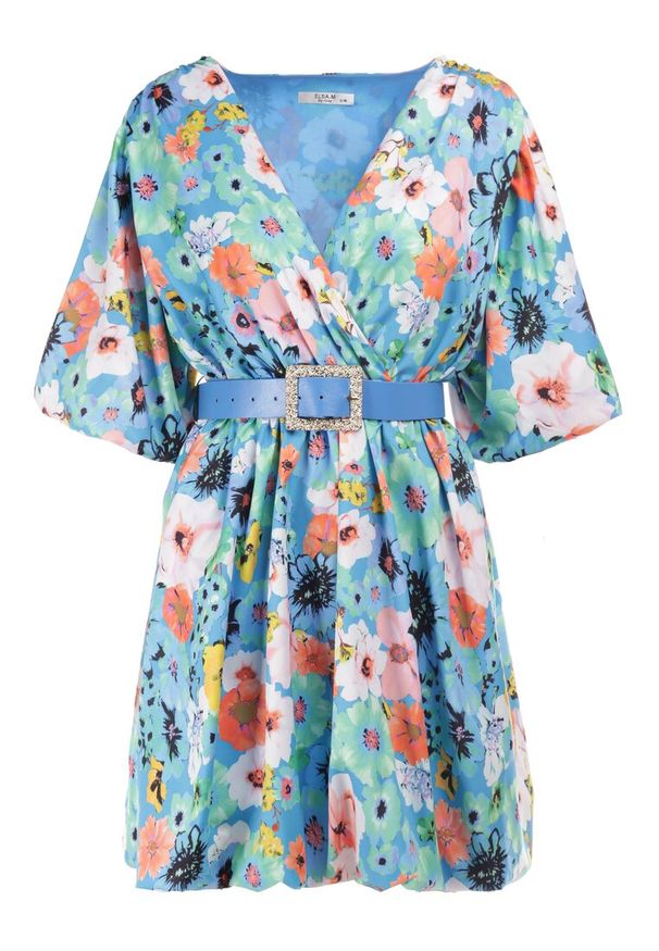 Born2be - Niebieska Sukienka z Paskiem Appialla. Typ kołnierza: dekolt kopertowy. Kolor: niebieski. Wzór: nadruk, aplikacja, kolorowy, kwiaty. Sezon: lato. Typ sukienki: kopertowe. Styl: wizytowy, elegancki. Długość: mini